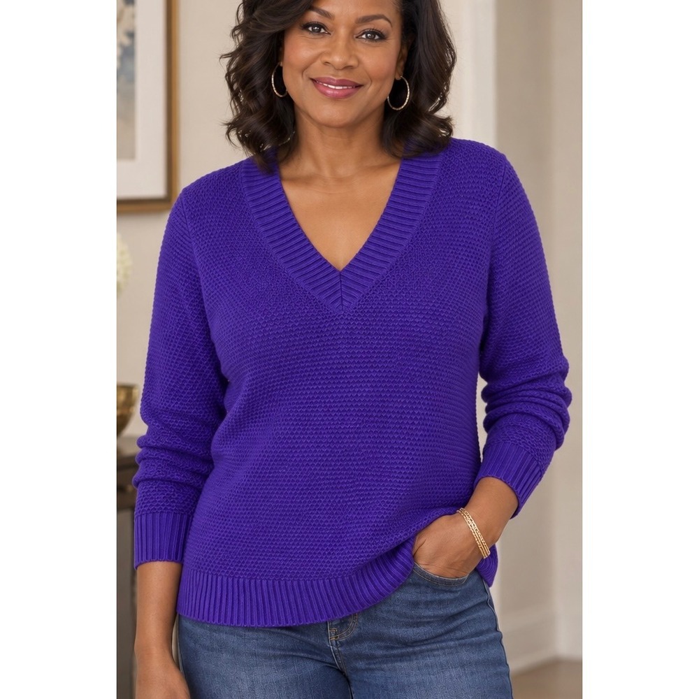 Studio Works Purple V-Neck Cotton Knit Sweater PXL Petite Textured Long Sleeve